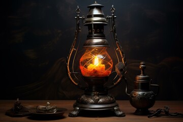 Fototapeta na wymiar Eerie Oil lamp dark interior. Fire night nature light candlestick. Generate Ai