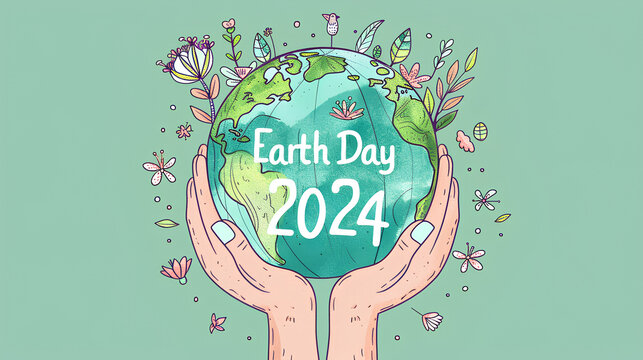 A simple and minimal line drawing, featuring the prominent text "Earth Day 2024" in a bold font, is set against a soothing pastel green background. Earth Day Concept