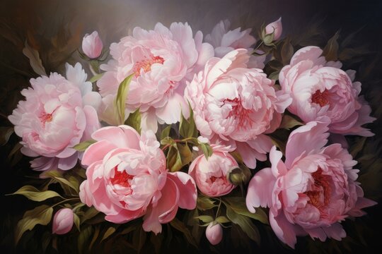 Intricate Oil painting peonies. Composition bouquet spring blossom flowers. Generate ai