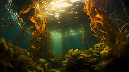 Seaweed and natural sunlight underwater seascape in the ocean