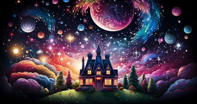 an artistic image of a starry sky and house