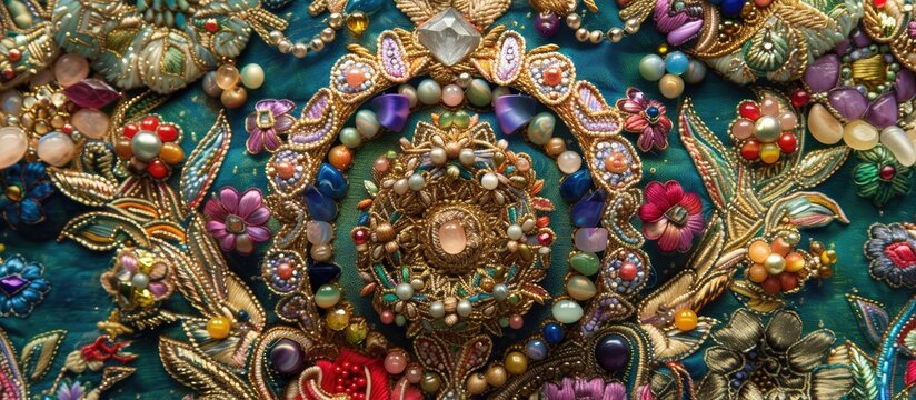 A close up view of a bunch of intricate Czech embroideries adorned with religious beads and paintings. The jewelry shines with detailed craftsmanship and cultural significance.