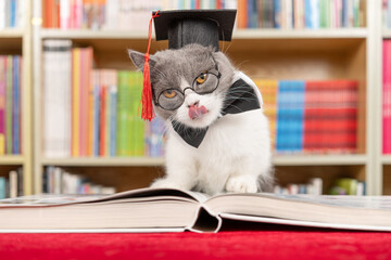 a cute british shorthair cat dressed as a doctor in front of a book shelf at horizontal composition