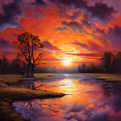 Fototapeta na wymiar Enchanting Symphony of Colors: A Breathtaking Sunset Over a Tranquil Silhouetted Forest