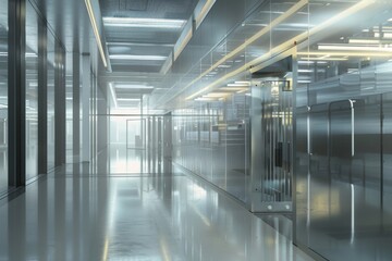 Obraz premium Futuristic corporate office corridor with reflective surfaces and modern design, showcasing architectural innovation and contemporary corporate environment 