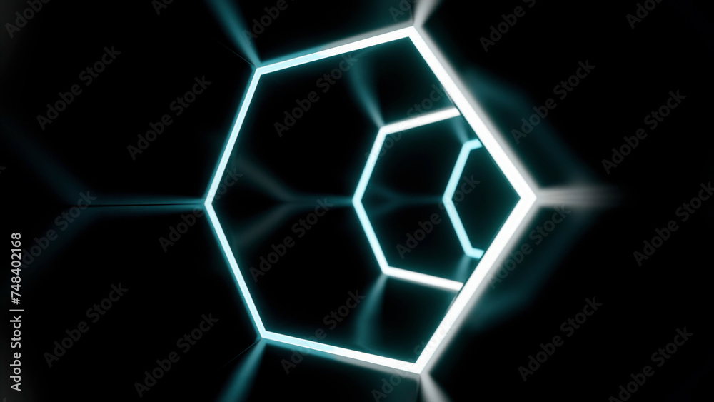 Poster flying inside dark virtual tunnel with neon hexagonal grid. design. bright neon grid of hexagons in 