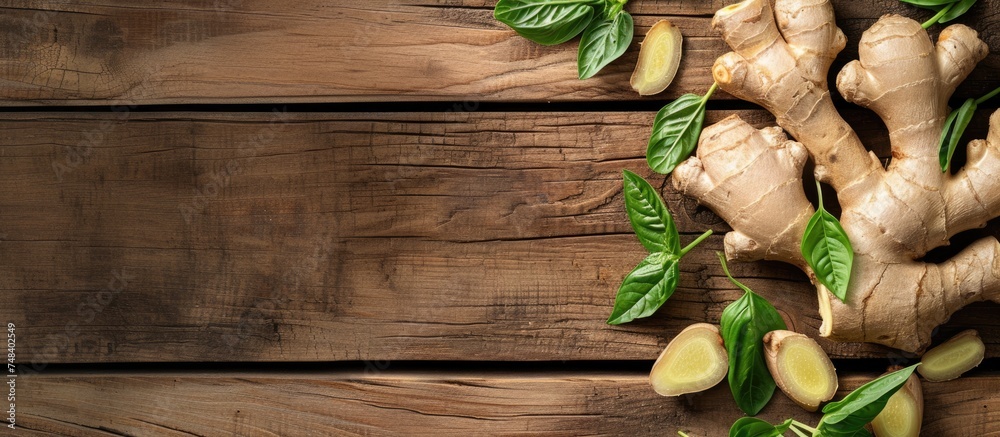 Poster a bunch of fresh ginger arranged neatly on a wooden table, showcasing its vibrant color and spicy ar