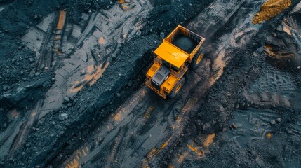 Large quarry dump truck. Big yellow mining truck at work site. Loading coal into body truck. Production useful minerals. Mining truck mining machinery to transport coal from open-pit production aerial