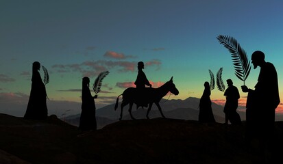 Domingo de Ramos Jesús montado en burro - obrazy, fototapety, plakaty