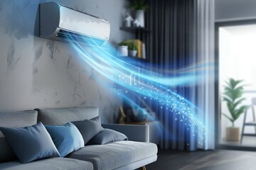 Innovative air conditioning system visualized with cool air flow in a modern living room, symbolizing comfort and advanced climate control technology
