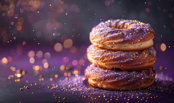  "King Cake on Purple Background - Festive Image Design for Mardi Gras Celebration"
