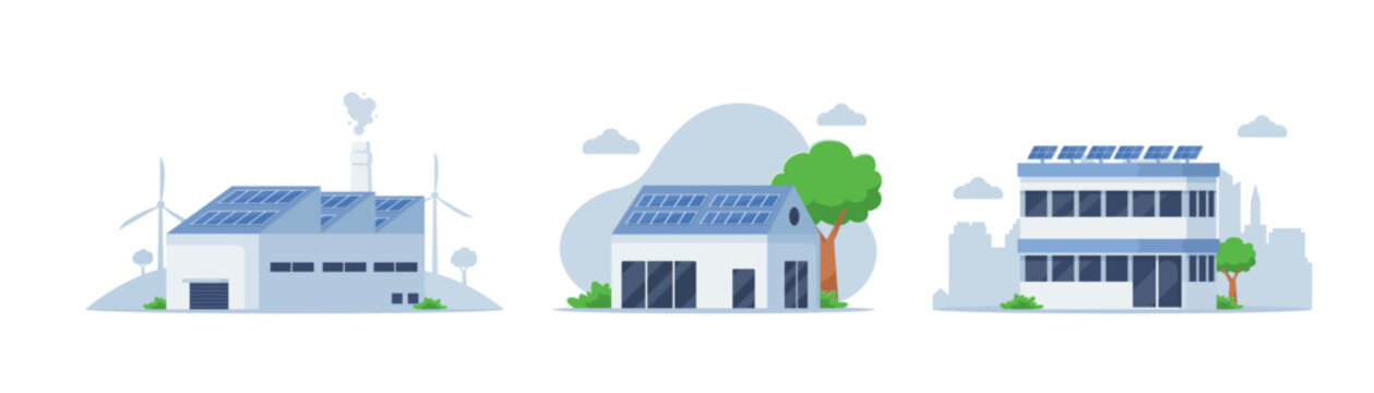 Green energy building vector illustration set. Office building with solar panels on the roof. Sustainable clean industrial factory. Modern eco private house with solar panels. Renewable energy concept