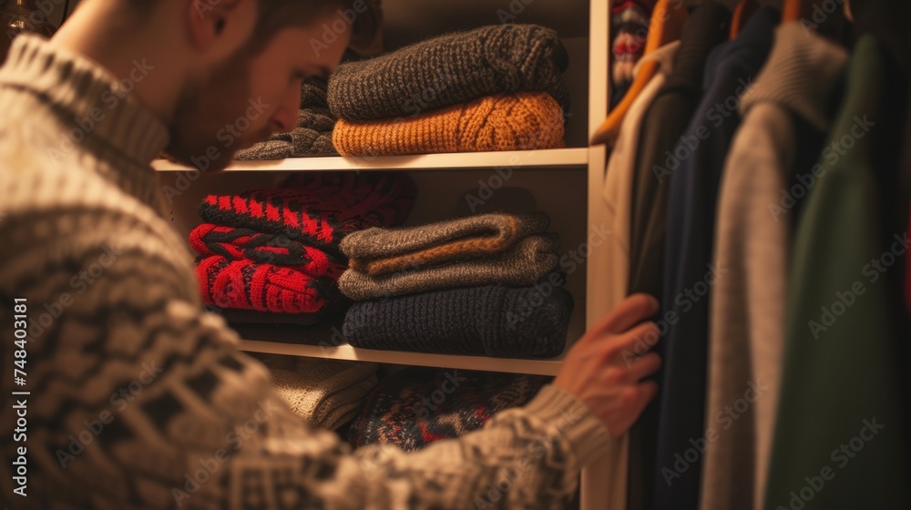 Wall mural man putting some sweaters in a closet generative ai