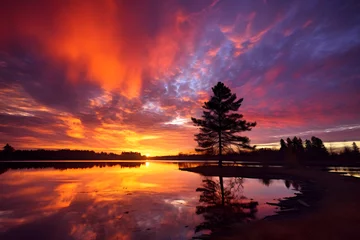 Fotobehang Enchanting Symphony of Colors: A Breathtaking Sunset Over a Tranquil Silhouetted Forest © Austin