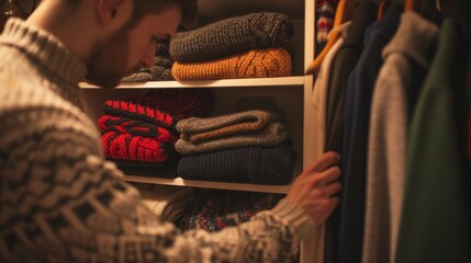 Fototapeta na wymiar man putting some sweaters in a closet generative ai