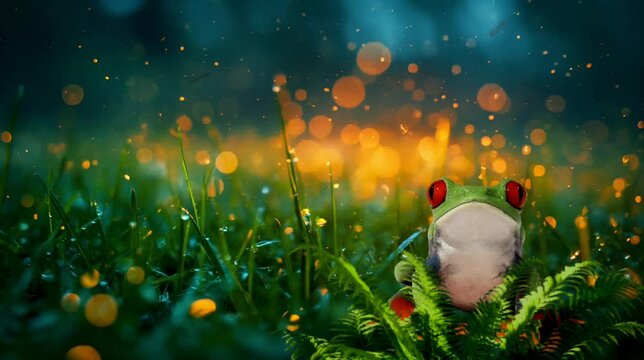 Frog (Agalychnis callidryas) with flies in the grass. Seamless looping time-lapse video animation background