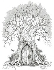 a drawing of a tree with a door in it