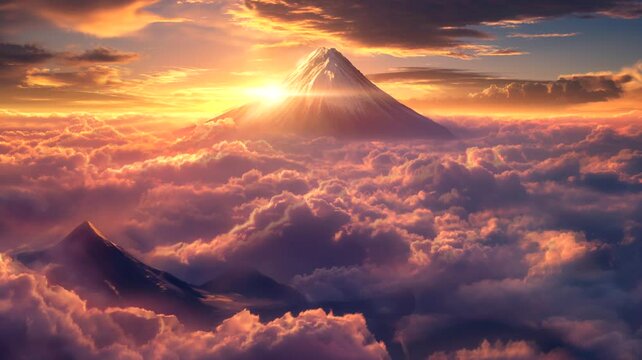 A towering mountain shrouded in clouds, seamless looping time-lapse animation video background by AI.