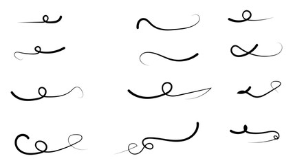 Swoosh underline hand drawing set. Calligraphic inscriptions emphasize the curved line. typography elements. Collection of black brush strokes isolated on white background. vector illustration