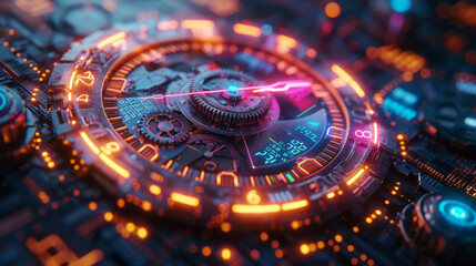 An abstract representation of a clock with gears and cogs illuminated in neon colors. The hands of the clock move feverishly as charts and graphs appear and disappear symbolizing