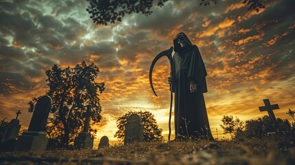 Grim Reaper with Scythe in Graveyard - obrazy, fototapety, plakaty