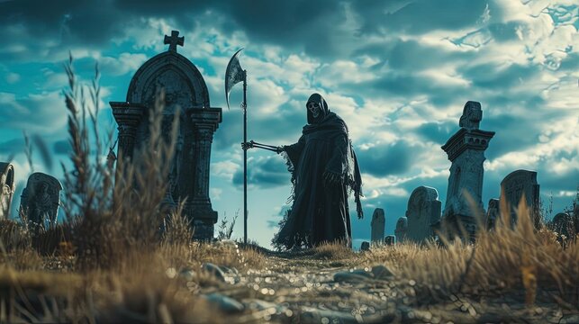 Grim Reaper with Scythe in Graveyard