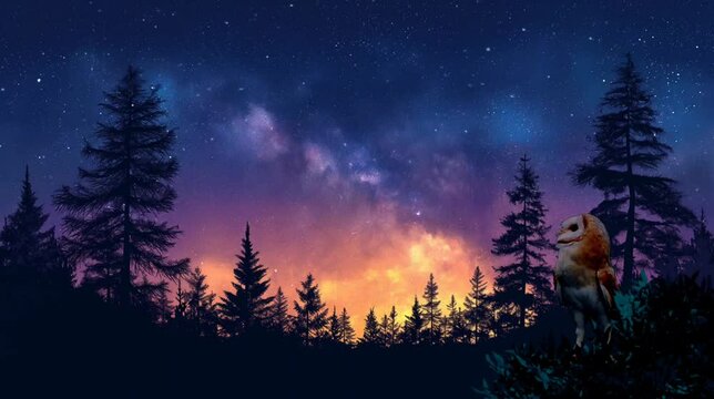 An owl in the forest on panoramic night sky background. Seamless looping time-lapse video animation background