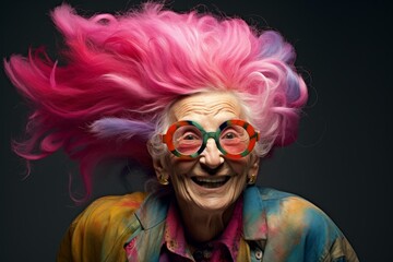 Distinctive Old lady colored hair. Face fun wavy. Fictional person. Generate Ai