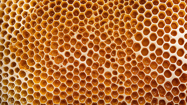 Close-up view of a honeycomb filled with honey, showcasing the intricate pattern and golden hues.