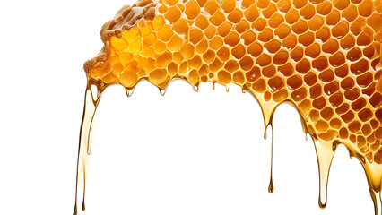 Golden honey dripping from a honeycomb, highlighting the viscosity and shine against a white background.