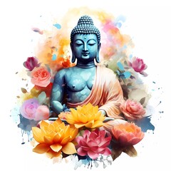 colorful buddha statue with flowers, watercolor style. generative ai