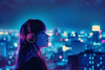 Anime-style girl immersed in music Wearing headphones Surrounded by a cityscape at night Capturing a moment of solitude and escape