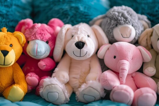 Collection of plush animal toys Showcasing a variety of cute and cuddly characters for children