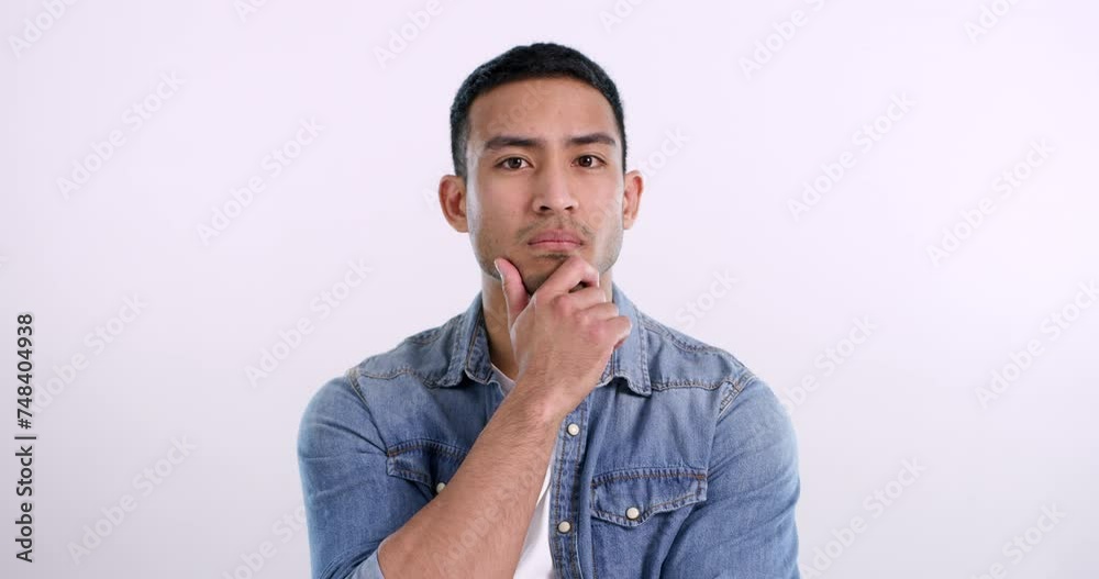 Poster man, face and thinking or hand in studio for problem solving, solution or pink background. asian per