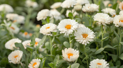 A macro shot of the delicate white flowers of a calendula plant with bright orange and yellow centers.