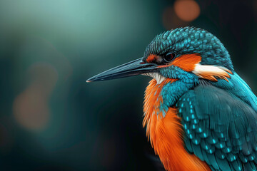 Colorful Kingfisher, copy space of a bird in the wild with an elongated beak and blue and orange feathers in nature - obrazy, fototapety, plakaty