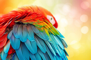 Colorful parrot, brightly colored fancy feathers on an illuminated background with bokeh effect