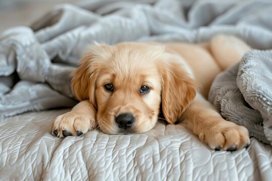 Golden retriever puppy lying on a soft blanket Looking adorable