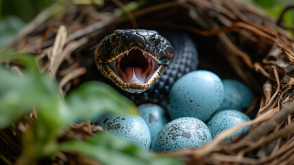 A black snake inside a bird's nest with tiny blue eggs