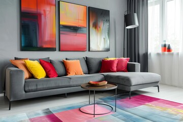 Modern living room interior with a minimalist design Featuring a grey couch Colorful pillows And contemporary art