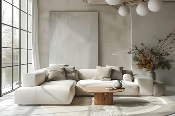 Modern minimalist living room Sleek furniture and natural light Trendy color scheme with harmonious accents Chic and comfortable