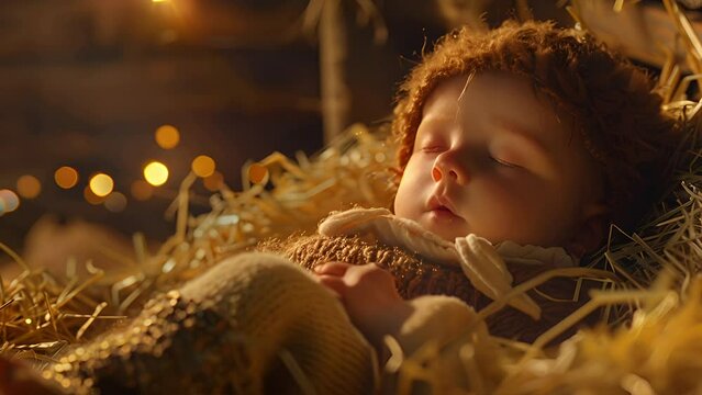 Baby Jesus sleeping in a manger in Bethlehem lit by firelight