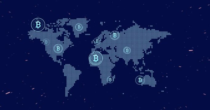 Animation of bitcoin icons, digital data processing over world map