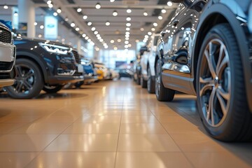 Showroom floor blurred background with rows of new cars Emphasizing the vast selection and modern automotive industry