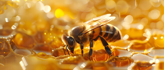 Honey Bee Sitting on Honey Comb Filled with Honey - obrazy, fototapety, plakaty