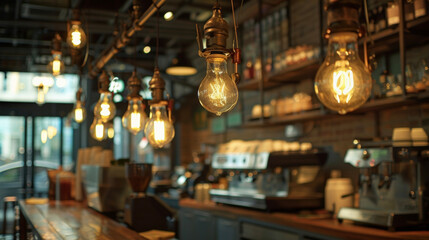 A row of narrow Edison bulbs suspended from the ceiling creating a warm industrial atmosphere in the cafe. - obrazy, fototapety, plakaty