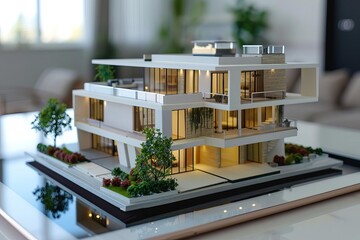 Virtual reality real estate tour Modern house model on digital tablet