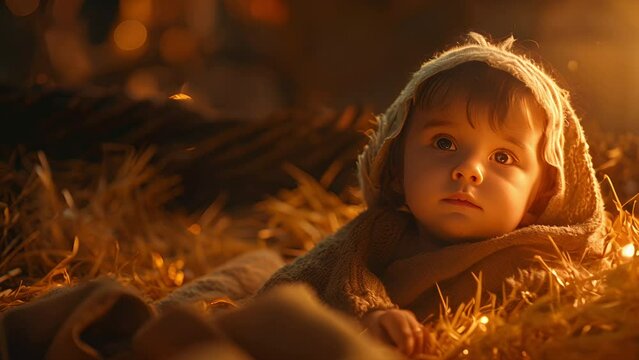 Baby Jesus in a manger in Bethlehem lit by firelight