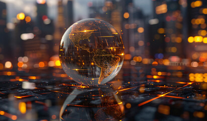 Translucent World Globe Radiating Light Over Network Grid with Urban Nighttime Backdrop - obrazy, fototapety, plakaty