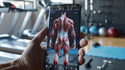 An image of a fitness trackers app featuring a 3D model of the users body highlighting muscle groups being worked during a strength training session.